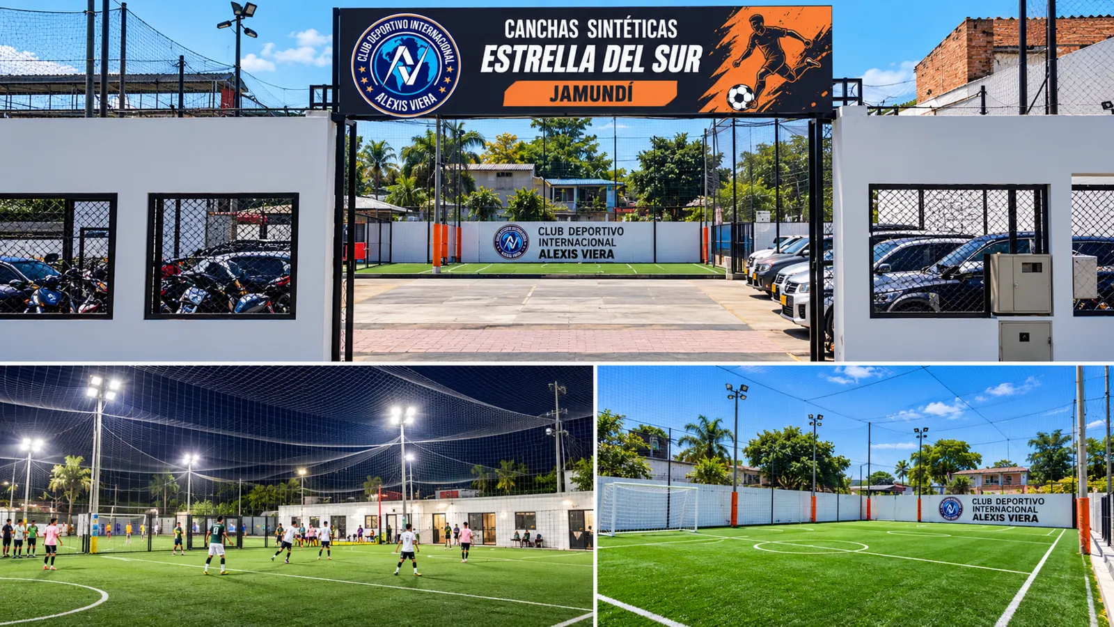 Canchas Sintéticas Estrella del Sur, Jamundí: entrada, cancha de noche con jugadores y cancha sintética de día.